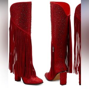 Wicked Red Fringe Knee High Boot (Women)